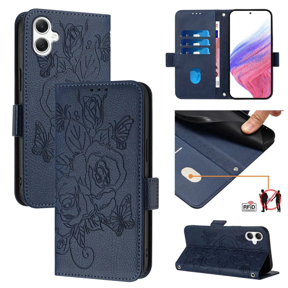 For Samsung Galaxy A06 Case Rose Imprinted RFID Blocking Leather Phone Cover with Strap