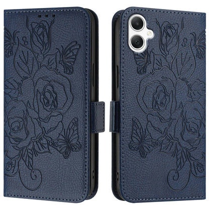 For Samsung Galaxy A06 Case Rose Imprinted RFID Blocking Leather Phone Cover with Strap