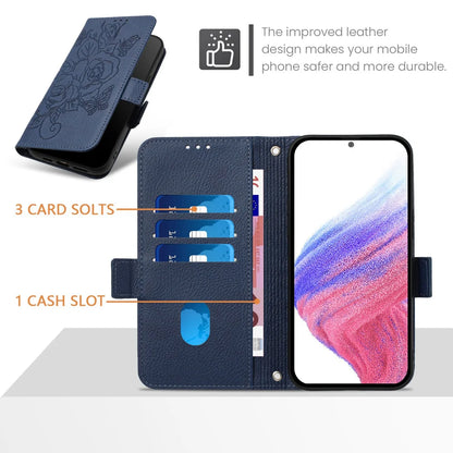For Samsung Galaxy A06 Case Rose Imprinted RFID Blocking Leather Phone Cover with Strap
