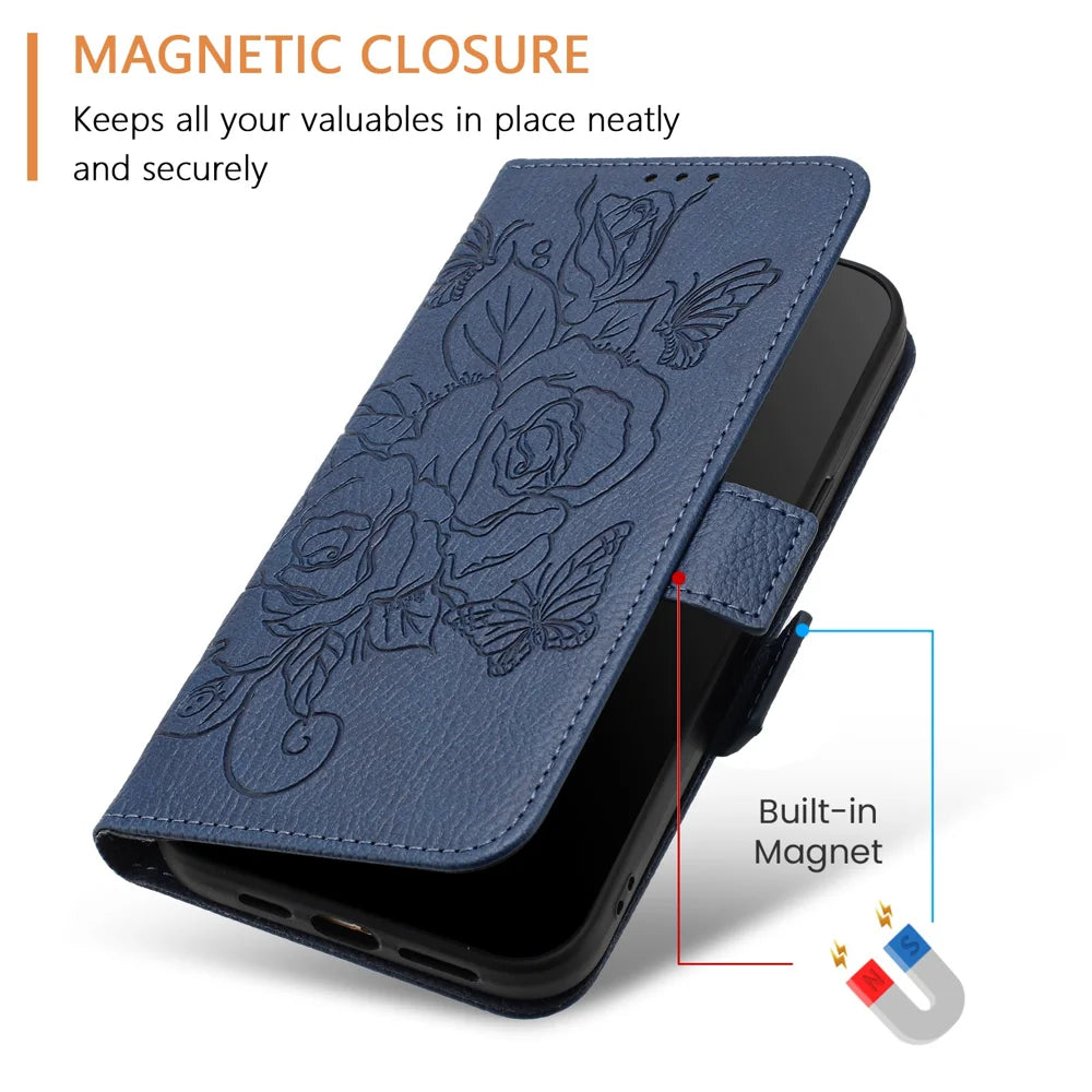 For Samsung Galaxy A06 Case Rose Imprinted RFID Blocking Leather Phone Cover with Strap