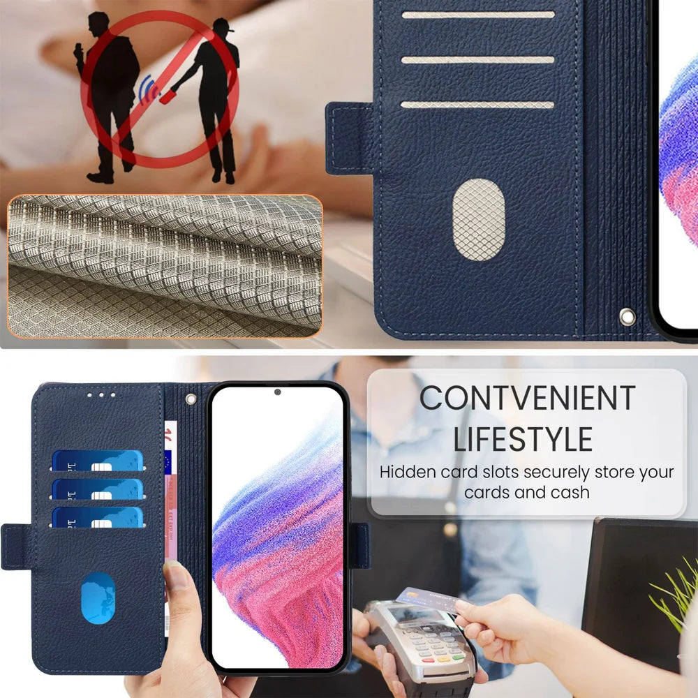 For Samsung Galaxy A06 Case Rose Imprinted RFID Blocking Leather Phone Cover with Strap