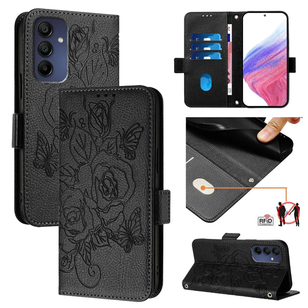 For Samsung Galaxy A16 5G Case Rose Imprinted RFID Blocking Leather Phone Cover with Strap
