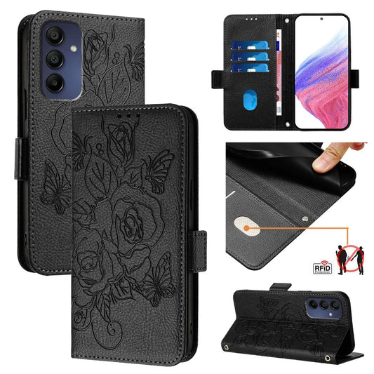 For Samsung Galaxy A16 5G Case Rose Imprinted RFID Blocking Leather Phone Cover with Strap