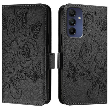 For Samsung Galaxy A16 5G Case Rose Imprinted RFID Blocking Leather Phone Cover with Strap