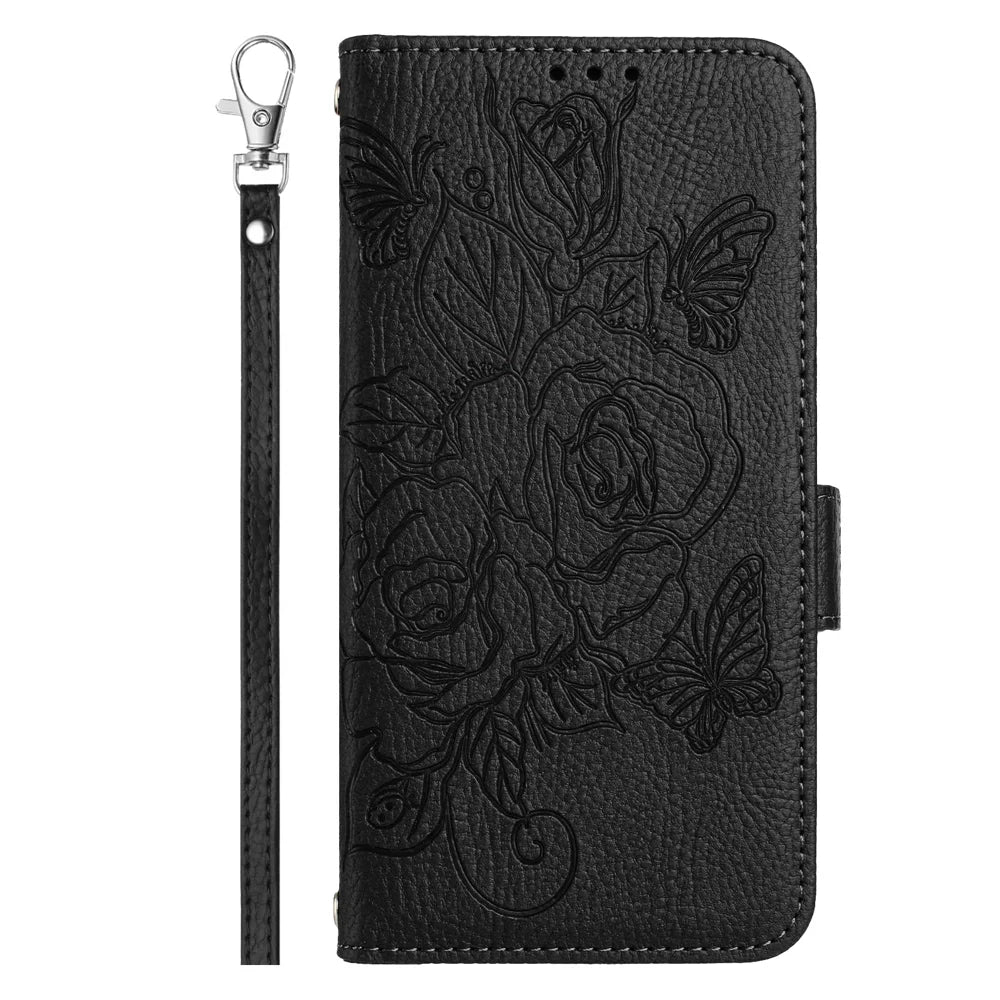 For Samsung Galaxy A16 5G Case Rose Imprinted RFID Blocking Leather Phone Cover with Strap