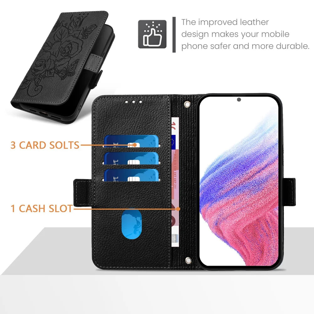 For Samsung Galaxy A16 5G Case Rose Imprinted RFID Blocking Leather Phone Cover with Strap