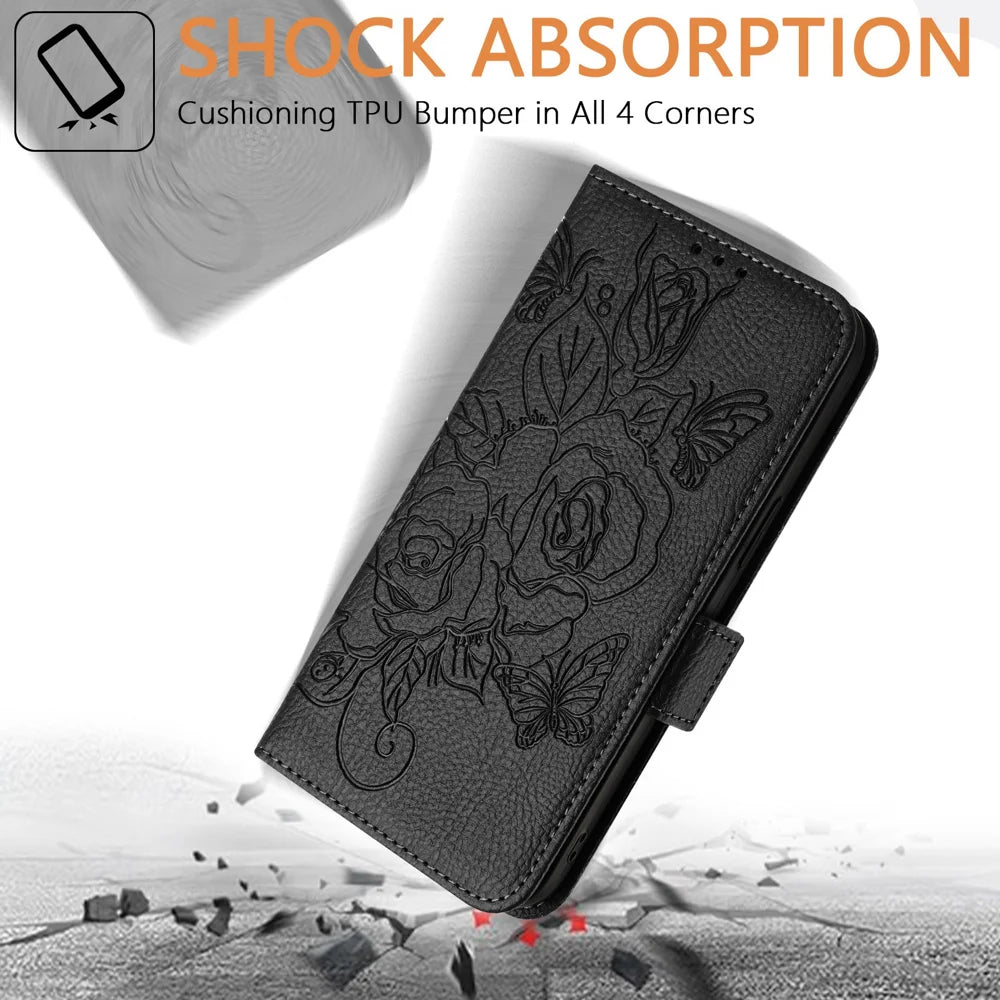 For Samsung Galaxy A16 5G Case Rose Imprinted RFID Blocking Leather Phone Cover with Strap