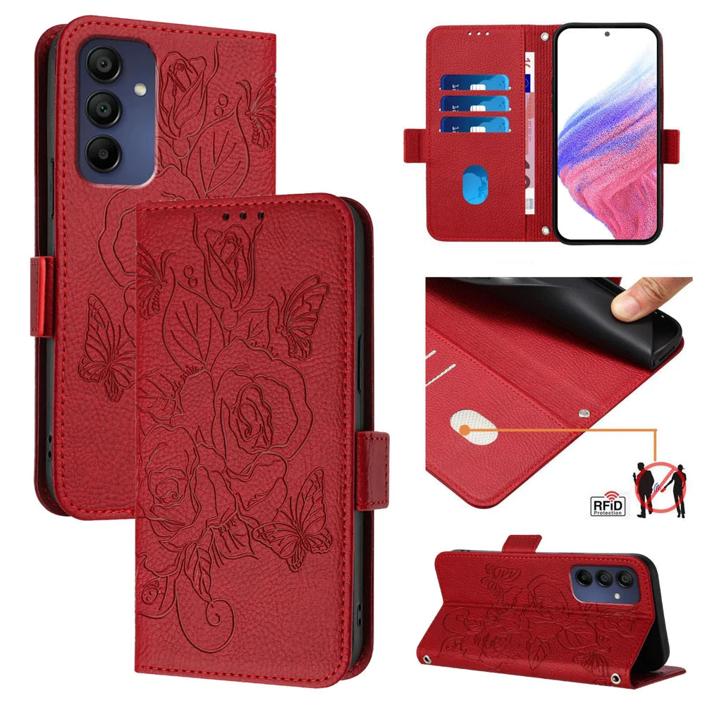 For Samsung Galaxy A16 5G Case Rose Imprinted RFID Blocking Leather Phone Cover with Strap