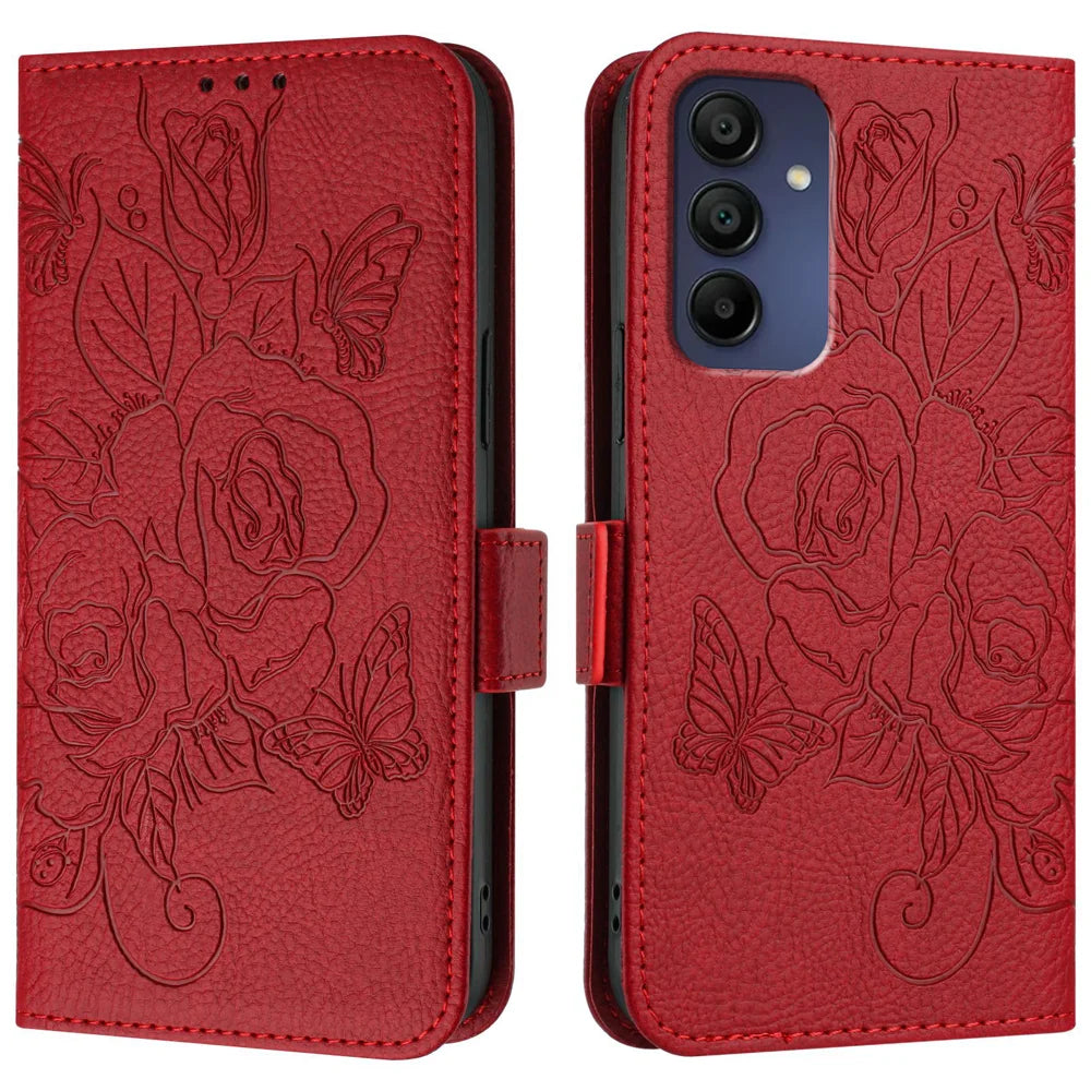 For Samsung Galaxy A16 5G Case Rose Imprinted RFID Blocking Leather Phone Cover with Strap