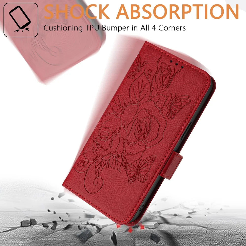 For Samsung Galaxy A16 5G Case Rose Imprinted RFID Blocking Leather Phone Cover with Strap