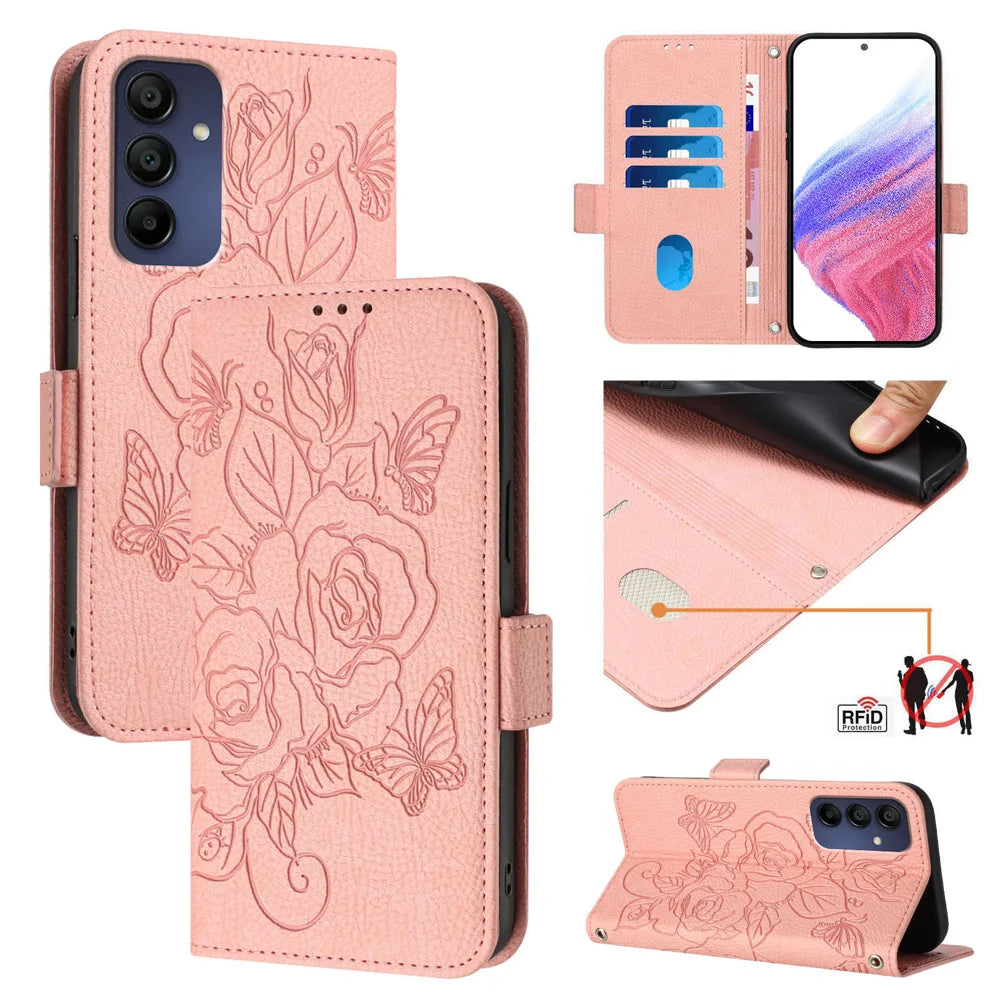 For Samsung Galaxy A16 5G Case Rose Imprinted RFID Blocking Leather Phone Cover with Strap