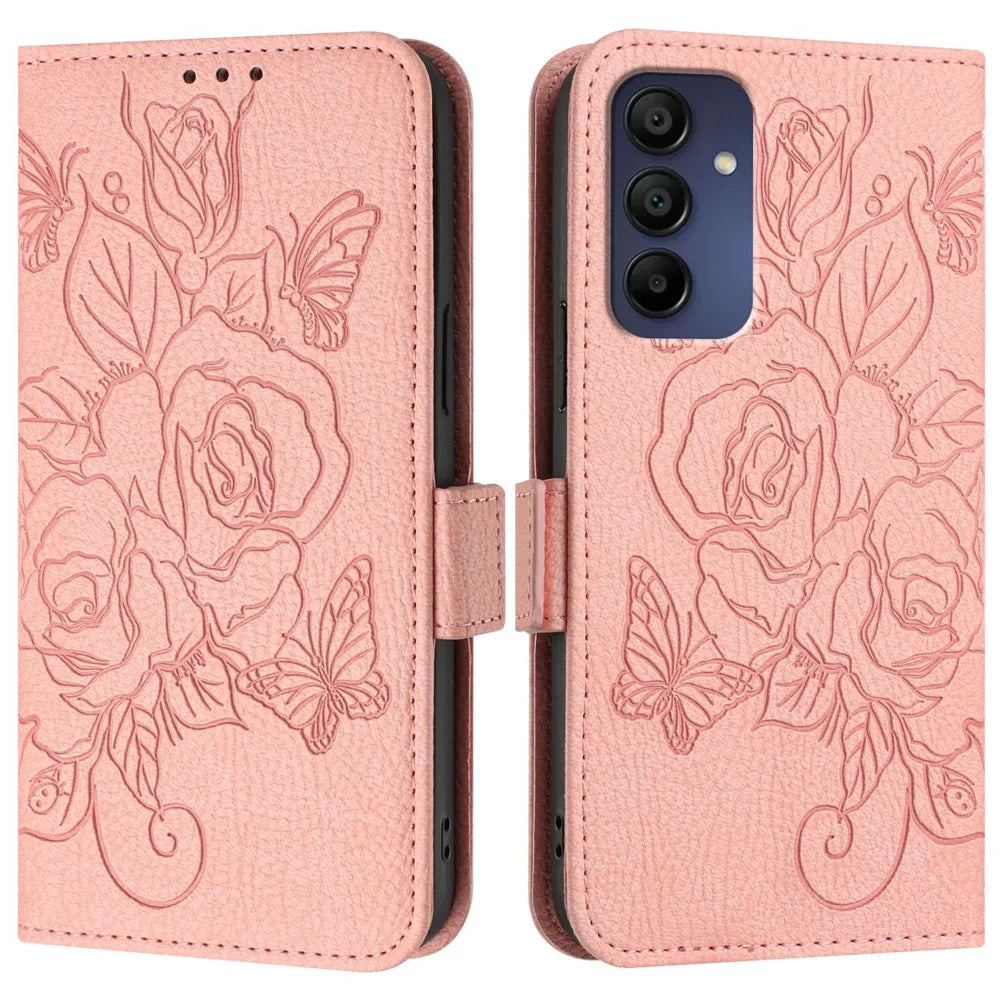 For Samsung Galaxy A16 5G Case Rose Imprinted RFID Blocking Leather Phone Cover with Strap