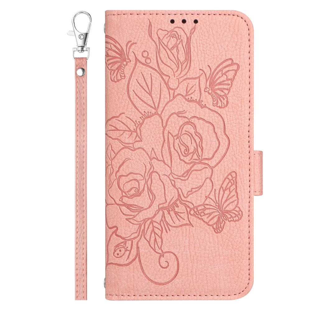 For Samsung Galaxy A16 5G Case Rose Imprinted RFID Blocking Leather Phone Cover with Strap