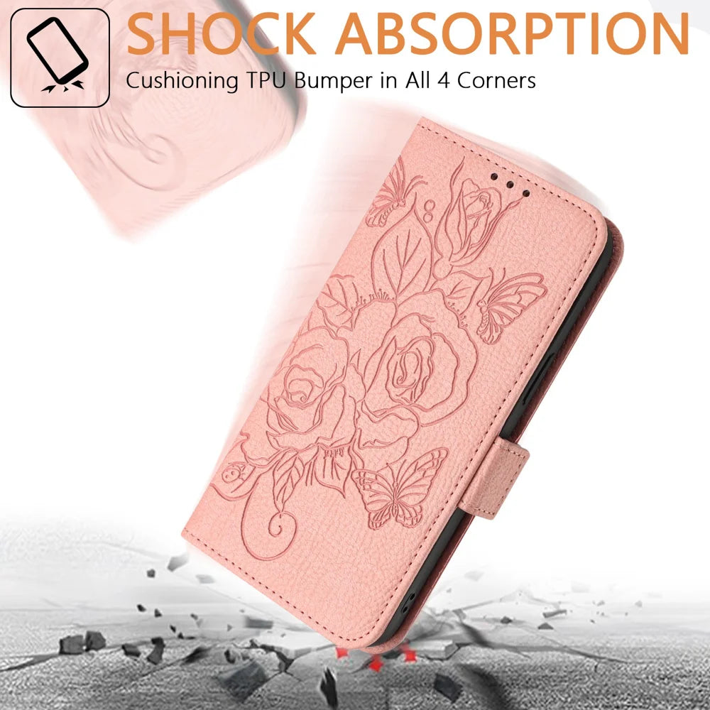 For Samsung Galaxy A16 5G Case Rose Imprinted RFID Blocking Leather Phone Cover with Strap