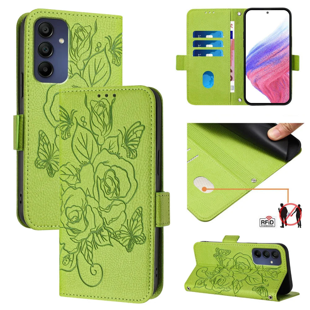 For Samsung Galaxy A16 5G Case Rose Imprinted RFID Blocking Leather Phone Cover with Strap