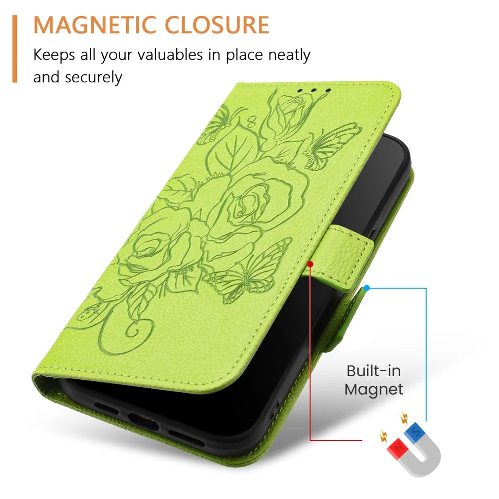 For Samsung Galaxy A16 5G Case Rose Imprinted RFID Blocking Leather Phone Cover with Strap