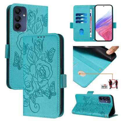 For Samsung Galaxy A16 5G Case Rose Imprinted RFID Blocking Leather Phone Cover with Strap