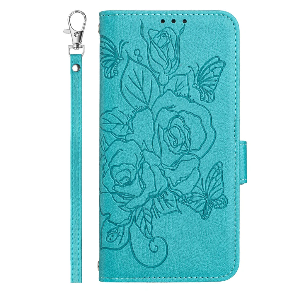 For Samsung Galaxy A16 5G Case Rose Imprinted RFID Blocking Leather Phone Cover with Strap