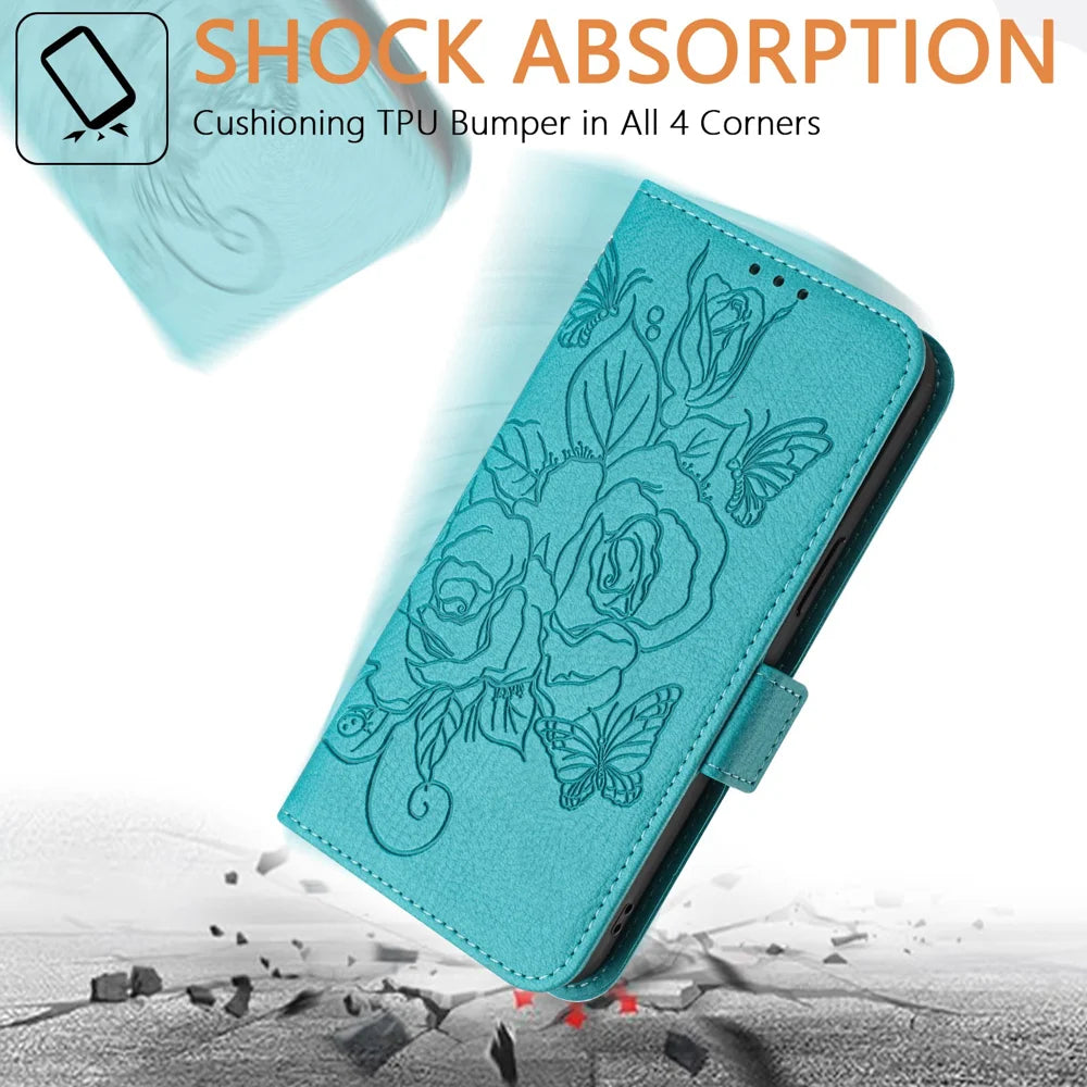 For Samsung Galaxy A16 5G Case Rose Imprinted RFID Blocking Leather Phone Cover with Strap