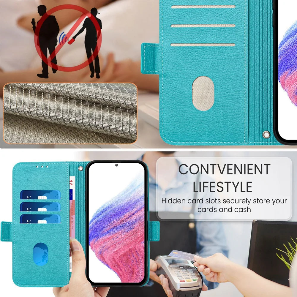For Samsung Galaxy A16 5G Case Rose Imprinted RFID Blocking Leather Phone Cover with Strap