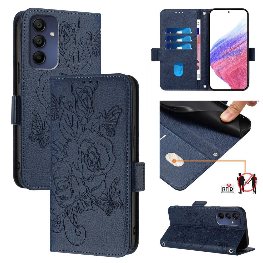 For Samsung Galaxy A16 5G Case Rose Imprinted RFID Blocking Leather Phone Cover with Strap