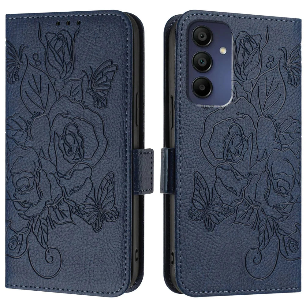 For Samsung Galaxy A16 5G Case Rose Imprinted RFID Blocking Leather Phone Cover with Strap