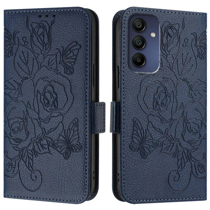 For Samsung Galaxy A16 5G Case Rose Imprinted RFID Blocking Leather Phone Cover with Strap