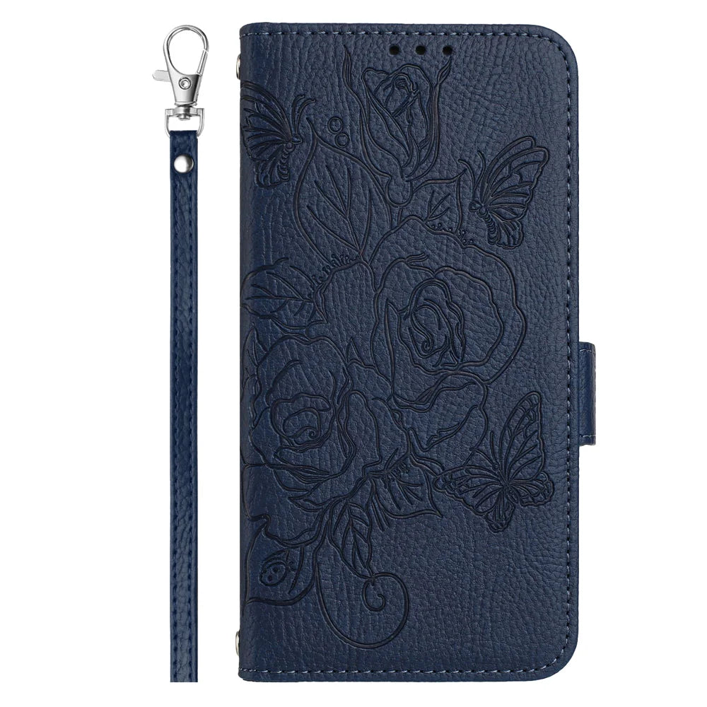 For Samsung Galaxy A16 5G Case Rose Imprinted RFID Blocking Leather Phone Cover with Strap