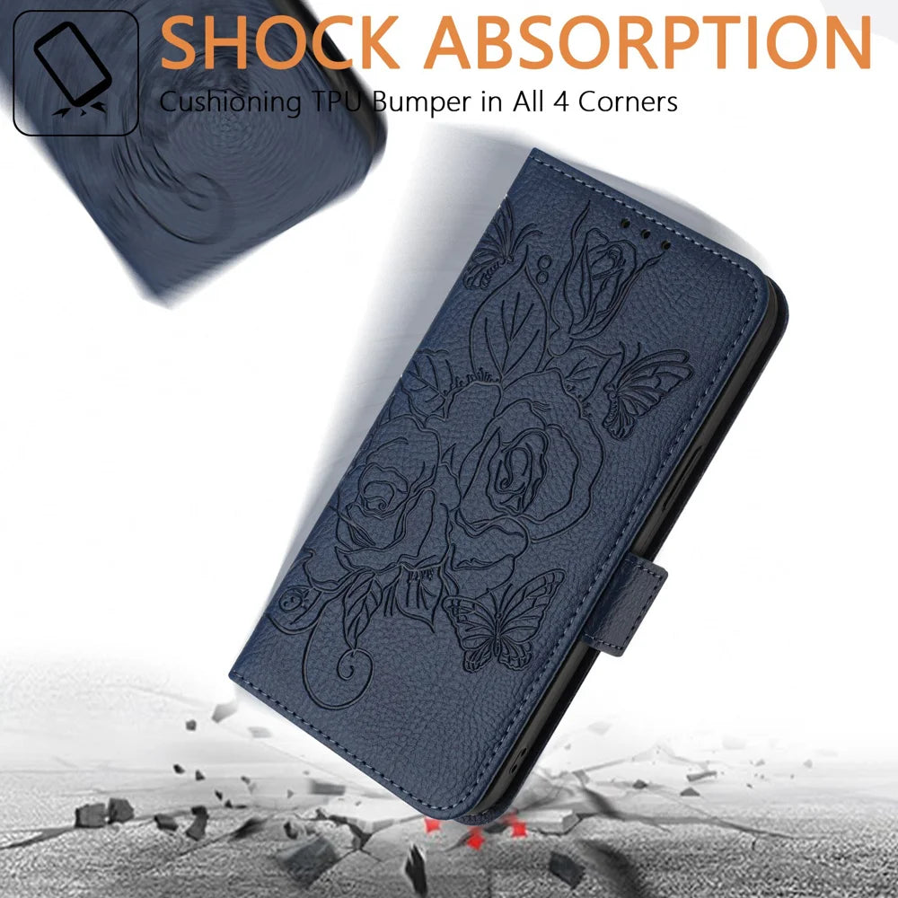 For Samsung Galaxy A16 5G Case Rose Imprinted RFID Blocking Leather Phone Cover with Strap