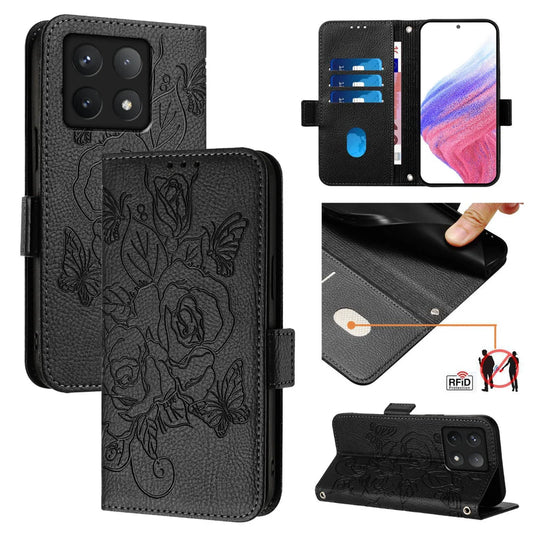For Xiaomi 14T Case Rose Imprinted RFID Blocking Leather Phone Cover with Strap
