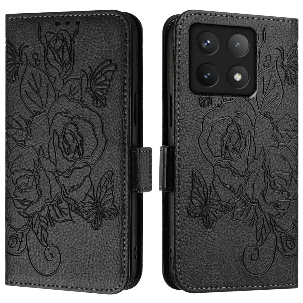 For Xiaomi 14T Case Rose Imprinted RFID Blocking Leather Phone Cover with Strap