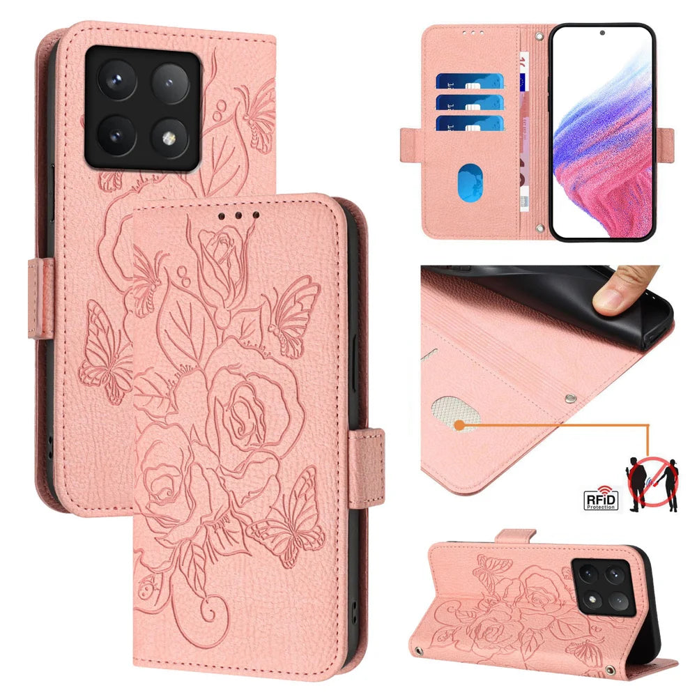 For Xiaomi 14T Case Rose Imprinted RFID Blocking Leather Phone Cover with Strap
