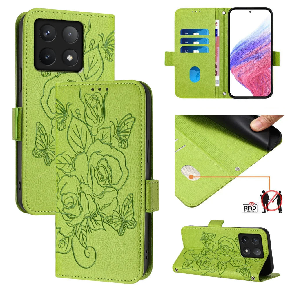 For Xiaomi 14T Case Rose Imprinted RFID Blocking Leather Phone Cover with Strap