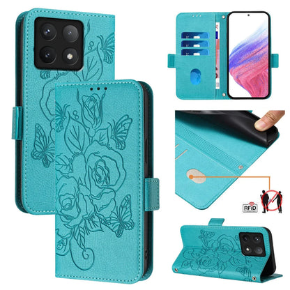 For Xiaomi 14T Case Rose Imprinted RFID Blocking Leather Phone Cover with Strap