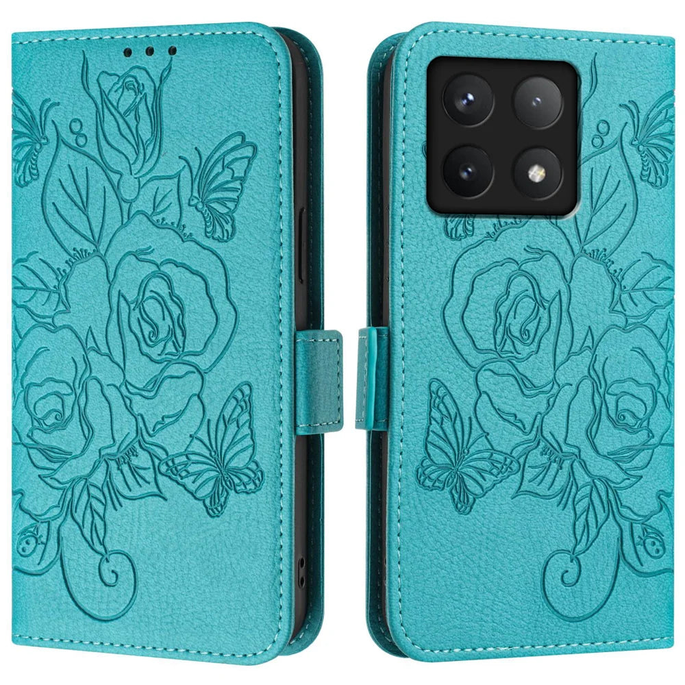 For Xiaomi 14T Case Rose Imprinted RFID Blocking Leather Phone Cover with Strap