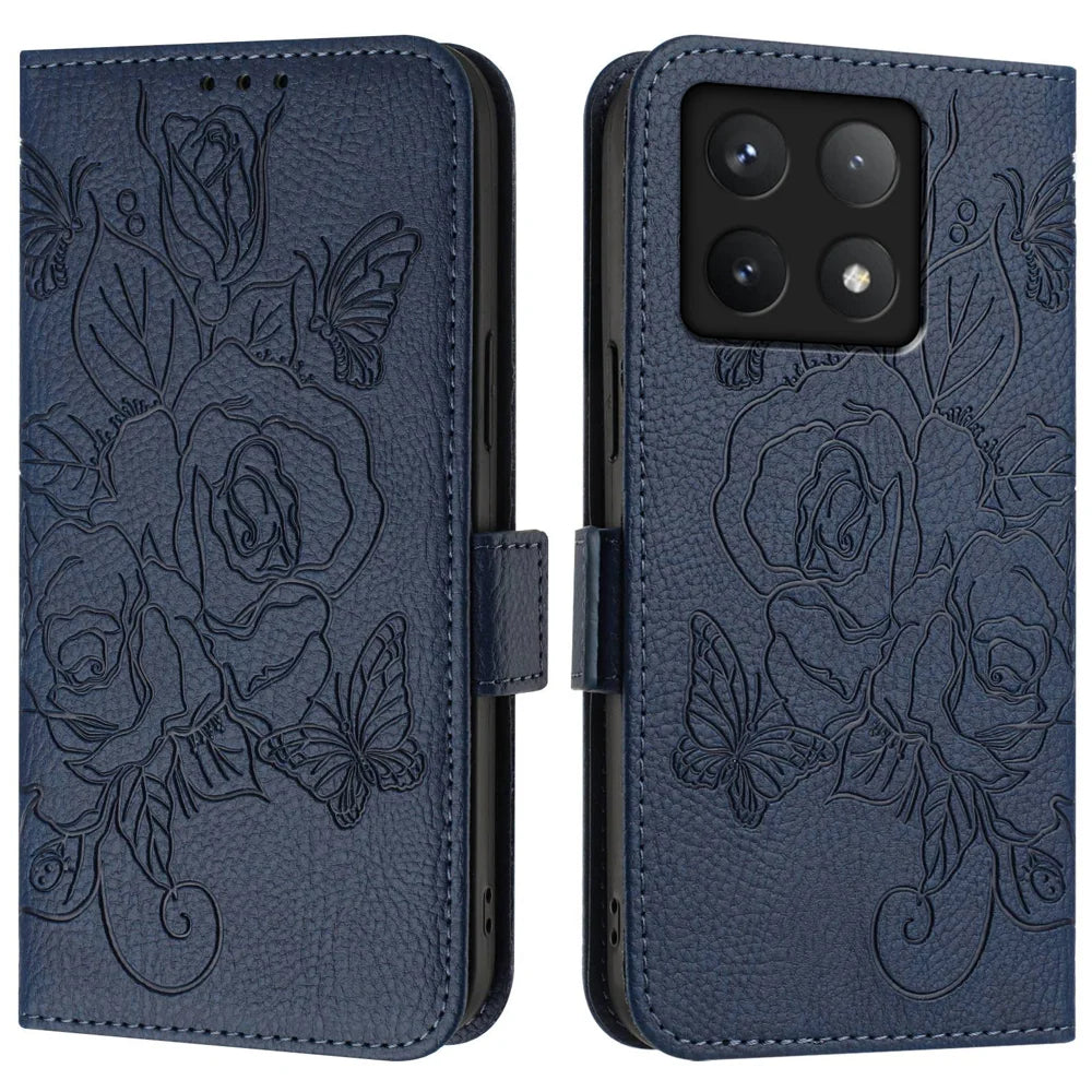 For Xiaomi 14T Case Rose Imprinted RFID Blocking Leather Phone Cover with Strap