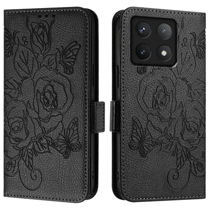 For Xiaomi 14T Pro Case Rose Imprinted RFID Blocking Leather Phone Cover with Strap