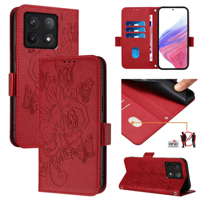 For Xiaomi 14T Pro Case Rose Imprinted RFID Blocking Leather Phone Cover with Strap