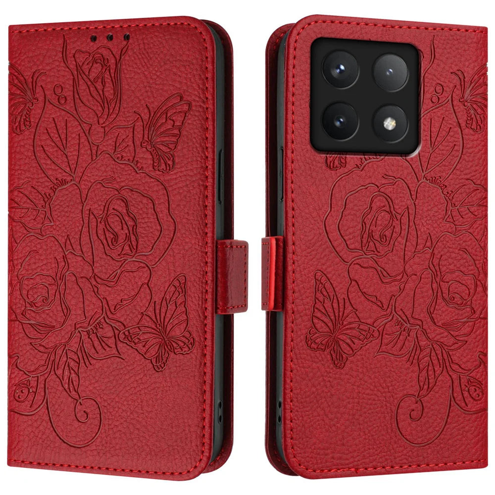 For Xiaomi 14T Pro Case Rose Imprinted RFID Blocking Leather Phone Cover with Strap