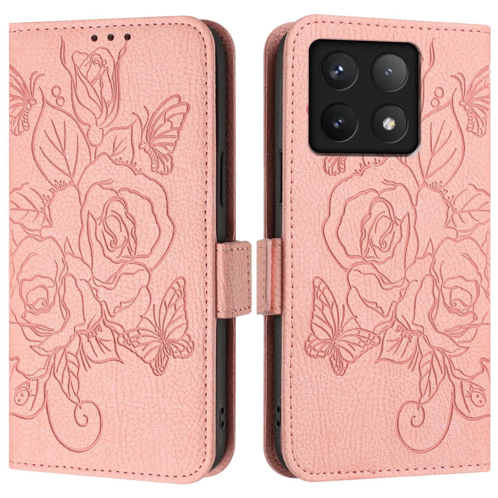 For Xiaomi 14T Pro Case Rose Imprinted RFID Blocking Leather Phone Cover with Strap