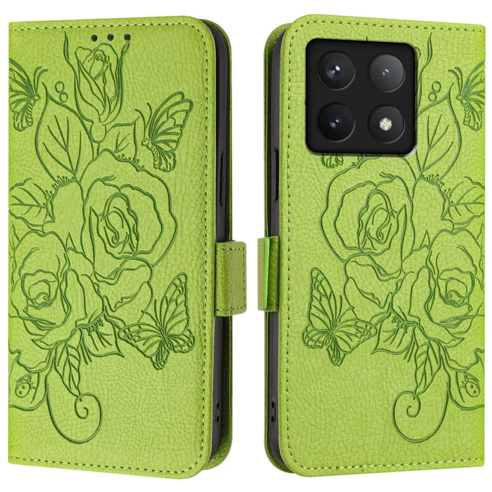 For Xiaomi 14T Pro Case Rose Imprinted RFID Blocking Leather Phone Cover with Strap