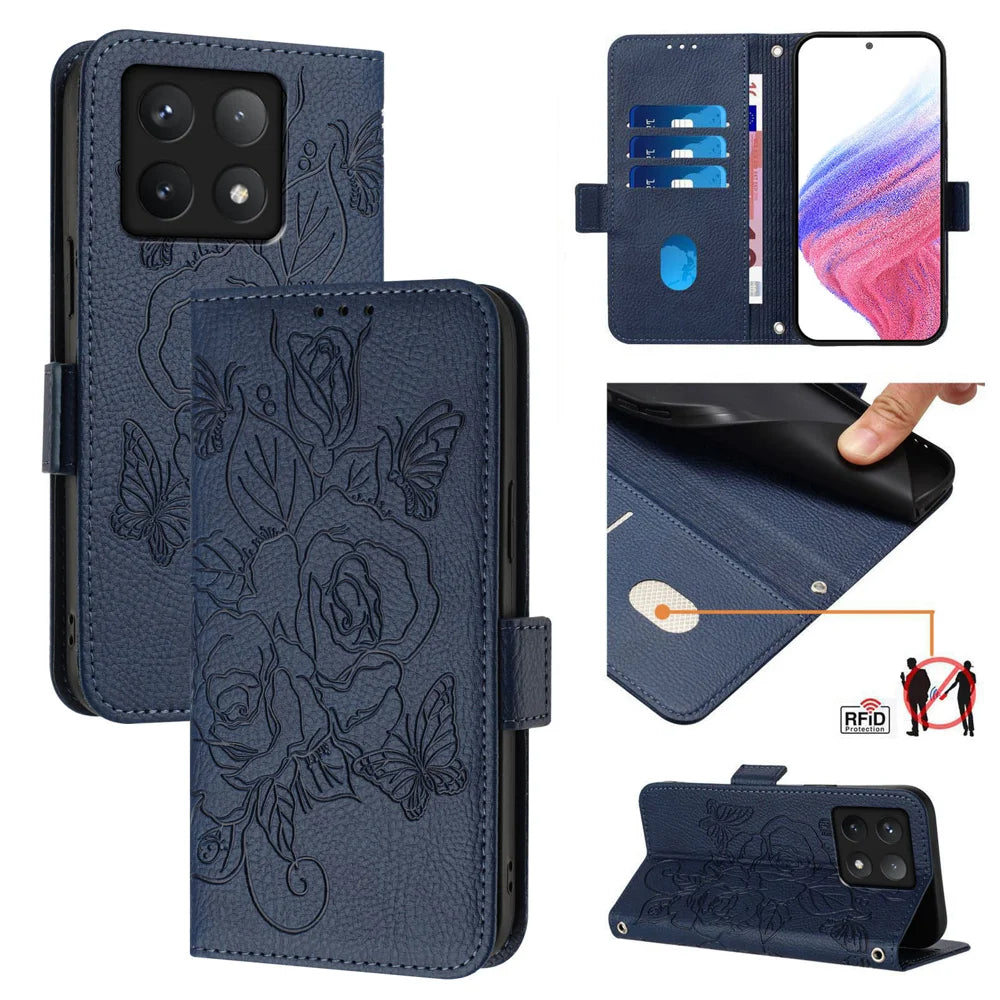 For Xiaomi 14T Pro Case Rose Imprinted RFID Blocking Leather Phone Cover with Strap