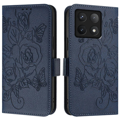 For Xiaomi 14T Pro Case Rose Imprinted RFID Blocking Leather Phone Cover with Strap