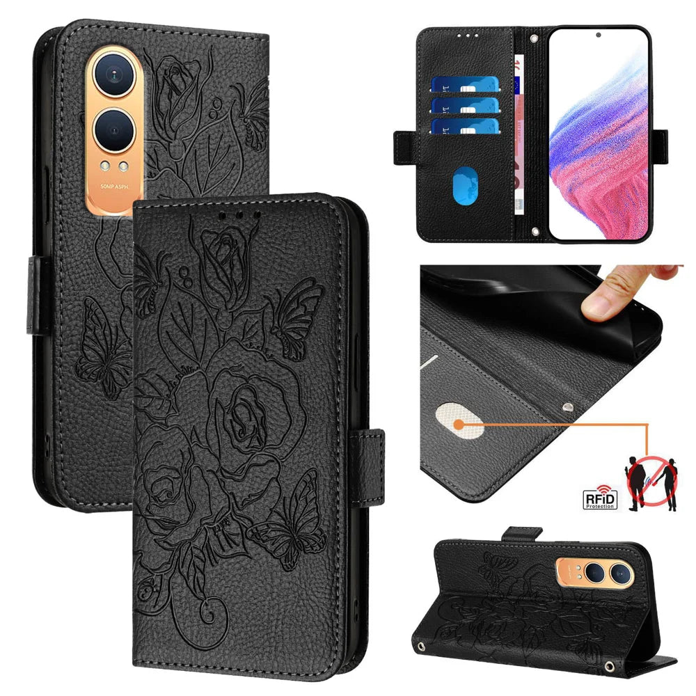 For OnePlus Nord CE4 Lite 5G Case Rose Imprinted RFID Blocking Leather Phone Cover with Strap