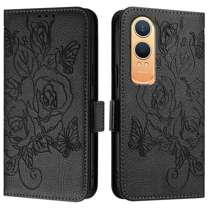 For OnePlus Nord CE4 Lite 5G Case Rose Imprinted RFID Blocking Leather Phone Cover with Strap