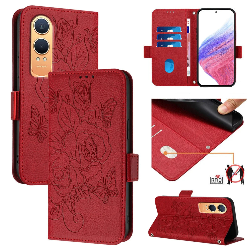 For OnePlus Nord CE4 Lite 5G Case Rose Imprinted RFID Blocking Leather Phone Cover with Strap