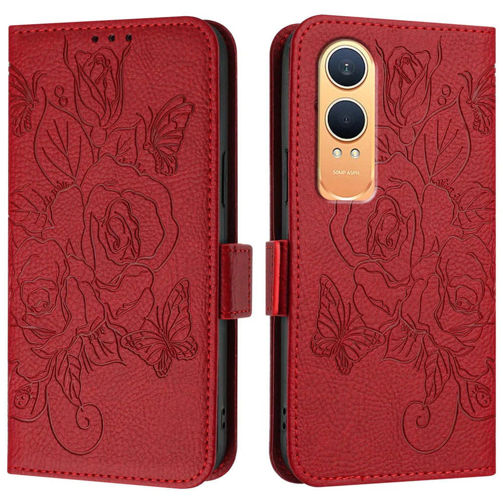 For OnePlus Nord CE4 Lite 5G Case Rose Imprinted RFID Blocking Leather Phone Cover with Strap