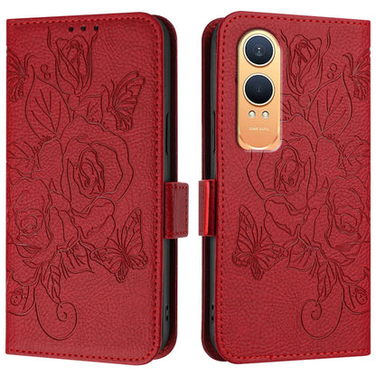 For OnePlus Nord CE4 Lite 5G Case Rose Imprinted RFID Blocking Leather Phone Cover with Strap