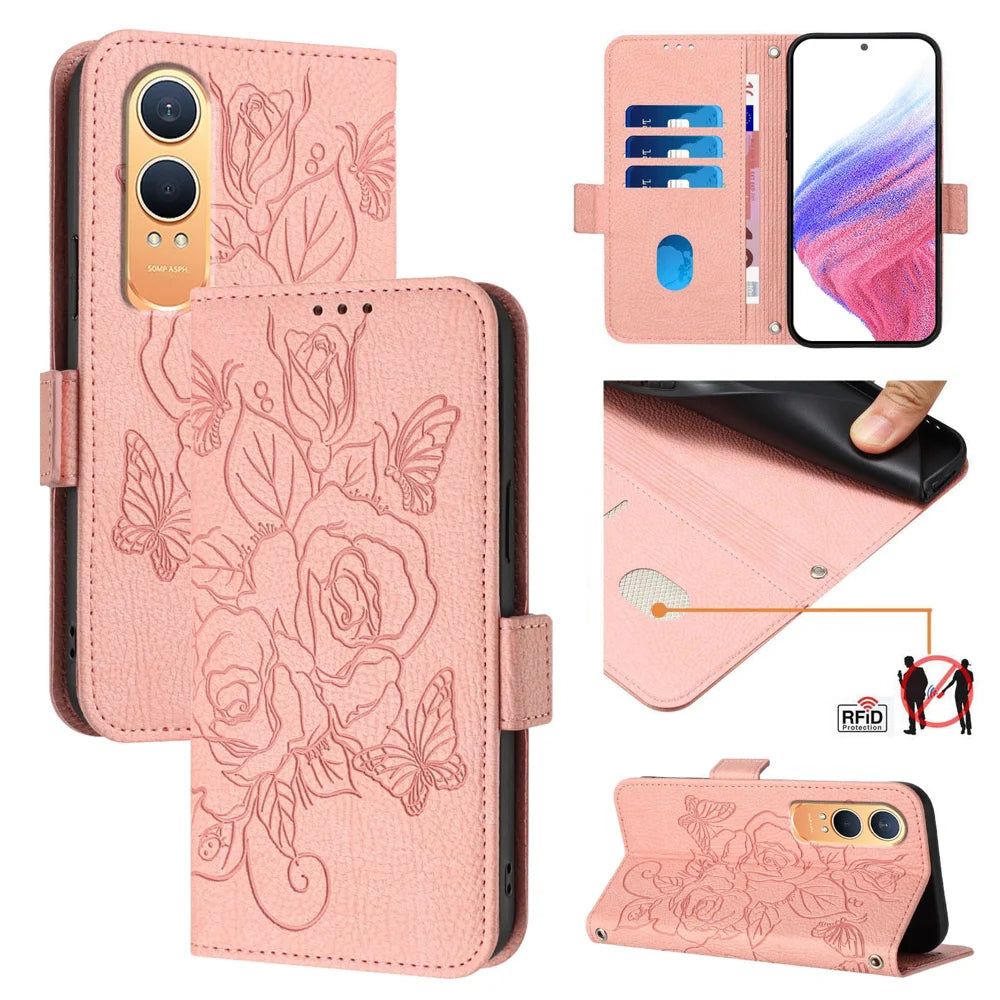 For OnePlus Nord CE4 Lite 5G Case Rose Imprinted RFID Blocking Leather Phone Cover with Strap