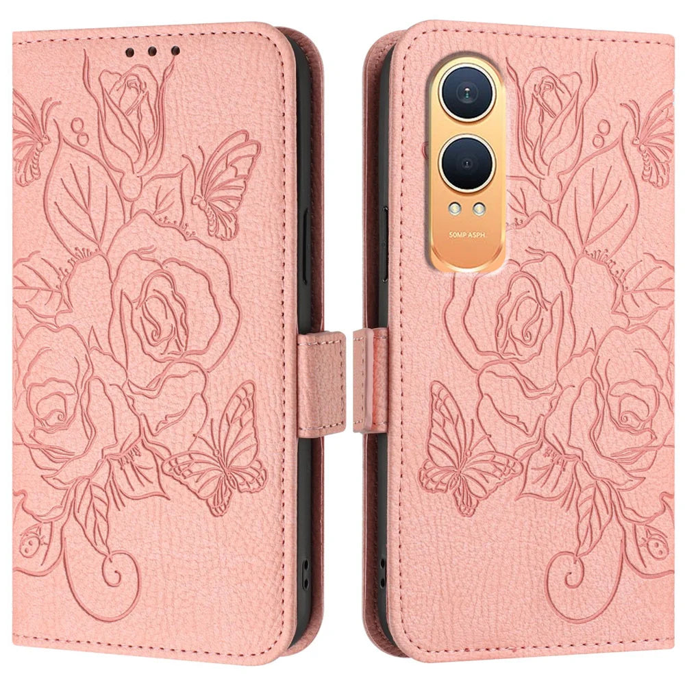 For OnePlus Nord CE4 Lite 5G Case Rose Imprinted RFID Blocking Leather Phone Cover with Strap